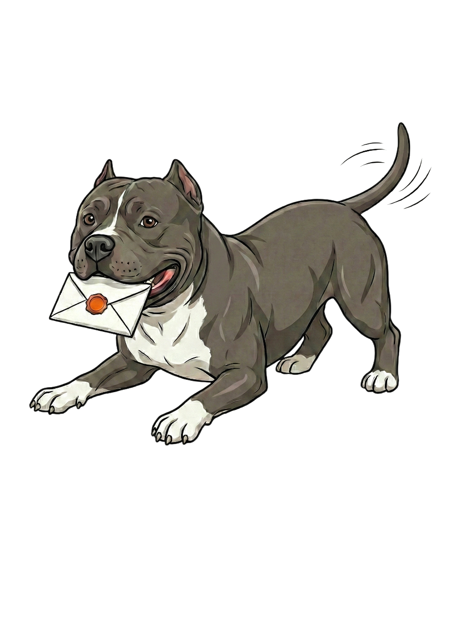 EmailDog bulk email verification mascot - American Bully fetching validated email